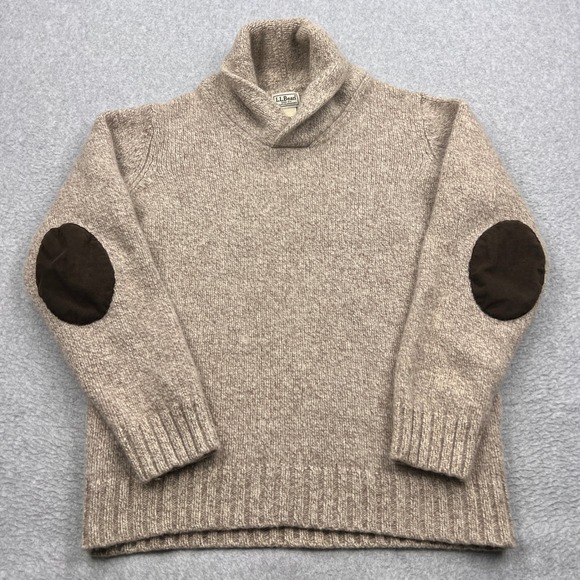 L.L. Bean Other - LL Bean Sweater Mens Large Beige 100% Lambswool Shawl Neck Elbow Patch Pullover